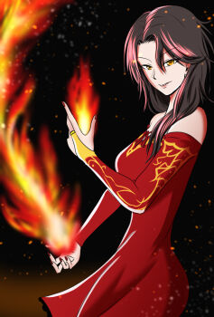 1girl bare_shoulders black_hair breasts bridal_gauntlets cinder_fall commentary curtained_hair dress fire highres kumanosigenium1 long_hair looking_at_viewer pyrokinesis red_dress red_nails rwby smile solo swept_bangs yellow_eyes
