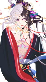 1girl absurdres beads black_hair black_robe bow-shaped_hair bright_pupils chinese_clothes chinese_commentary chinese_hairpin closed_mouth collarbone commentary_request cowboy_shot crescent crescent_hair_ornament dress eyelashes feather_hair_ornament feathers hair_beads hair_ornament hair_rings hairpin happy heterochromia highres holding infinity_nikki jewelry long_sidelocks long_sleeves looking_at_viewer mismatched_pupils multicolored_hair multiple_hairpins necklace nikki_(series) pink_eyes purple_eyes robe sidelocks simple_background single_bare_shoulder smile solo split-color_hair standing strapless strapless_dress tsurime tuantuan_zai_ban_lan two-tone_hair where_wanxiang_weaves_(infinity_nikki) white_background white_hair white_pupils wide_sleeves yellow_dress