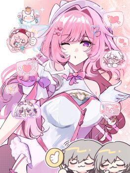 Rule 34 | > <, 1boy, 3vvv3, 5girls, ;o, absurdres, alternate costume, arrow through heart, beret, breasts, caelus (honkai: star rail), castorice (honkai: star rail), commentary, crying emoji, cyrene (demiurge) (honkai: star rail), cyrene (honkai: star rail), diamond-shaped pupils, diamond (shape), dress, dual persona, emoji, glowstick, grey hair, hat, heart, highres, holding, holding glowstick, honkai: star rail, honkai (series), hyacine (honkai: star rail), large breasts, little ica (honkai: star rail), march 7th (honkai: star rail), multiple girls, one eye closed, pegasus, pink hair, pointy ears, purple eyes, spoken heart, stelle (honkai: star rail), symbol-only commentary, symbol-shaped pupils, thumbs up, trailblazer (honkai: star rail), white dress