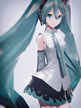 1girl aqua_eyes aqua_hair aqua_ribbon aqua_trim arms_behind_back bare_shoulders bbbbit black_skirt closed_mouth collared_shirt commentary detached_sleeves double-parted_bangs grey_sleeves hair_between_eyes hatsune_miku hatsune_miku_(nt) headset highres long_hair looking_at_viewer mikumikudance_(medium) miniskirt neck_ribbon piapro_studio ribbon shirt skirt sleeveless sleeveless_shirt smile twintails very_long_hair vocaloid white_shirt