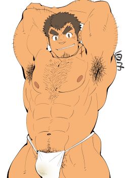 1boy abs armpit_hair bara blush brown_hair bulge chest_hair cowboy_shot facial_hair flat_color fundoshi goatee hairy highres japanese_clothes large_pectorals looking_at_viewer male_focus male_pubic_hair muscular muscular_male navel navel_hair nipples pectorals pubic_hair pubic_hair_peek sanpaku shirako_(kirupi) short_hair smile solo sparse_arm_hair sparse_chest_hair sparse_navel_hair standing stomach strongman_waist stubble takabushi_kengo thick_eyebrows thighs tokyo_houkago_summoners topless_male