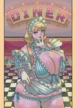 1girl absurdres apron bikini blonde_hair blue_eyes blunt_bangs breasts cameltoe checkered_floor colored_skin diner earrings frills heart heart-shaped_pupils heart_earrings highres huge_breasts indoors jewelry lifting_own_clothes low_twintails maid maid_apron maid_bikini maid_headdress mole mole_on_breast mole_on_crotch mole_under_eye multiple_moles original overjav panties pink_skin plump shiny_skin side-tie_panties solo striped_clothes swimsuit symbol-shaped_pupils thick_eyelashes thick_thighs thighs tile_floor tiles tongue tongue_between_fingers tongue_out twintails unconventional_maid underwear wide_hips wrist_cuffs