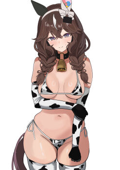 1girl animal_ears animal_print bell bikini braid breasts brown_hair cleavage collarbone cow_print cow_print_bikini curren_bouquetd&#039;or_(umamusume) detached_sleeves g_bael_suomi grey_eyes hair_between_eyes hair_ornament hairband highres horse_ears horse_tail long_hair looking_at_viewer low_twin_braids medium_breasts navel neck_bell print_bikini simple_background smile solo swimsuit tail thighhighs twin_braids umamusume white_background