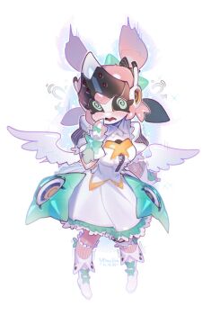 1girl @_@ angel_wings black_sclera blush boots bow bridal_gauntlets clothed_robot colored_sclera commentary dated dress english_commentary frilled_dress frills full_body gloves green_bow green_eyes highres humanoid_robot looking_at_viewer open_mouth puffy_sleeves robot robot_girl short_sleeves signature simple_background socks solo striped_clothes striped_socks ulitusya white_background white_boots white_dress white_gloves wings yutane_johiel zenless_zone_zero