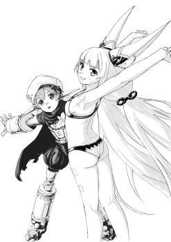 2girls android animal_ears armpits ass cape cat_ears cat_girl chin_bell commentary_request greyscale hat highres joints long_hair looking_at_viewer median_furrow monochrome multiple_girls nia_(blade)_(xenoblade) nia_(xenoblade) poppi_(xenoblade) robot_joints simple_background smile standing stretching teeth torn_cape torn_clothes very_long_hair white_background xenoblade_chronicles_(series) xenoblade_chronicles_2