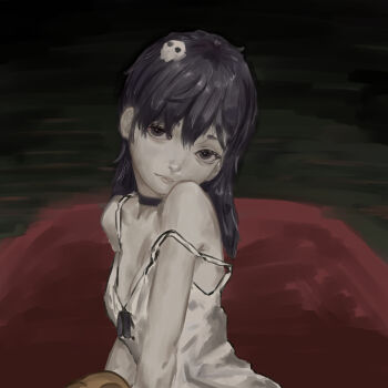 absurdres breasts cleavage creepy_mita_(miside) dark hair_ornament highres horror_(theme) miside mita_(miside) nervous scared shaded_face skull_hair_ornament strap_slip turn_pale wide-eyed
