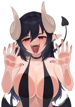 1girl adversarial_noise against_glass artist_name barbell_piercing bare_shoulders black_choker black_hair black_nails black_one-piece_swimsuit blush breast_press breasts breasts_on_glass center_opening choker collarbone curled_horns demon_girl demon_horns demon_tail demon_wings ear_piercing fangs fingernails hair_between_eyes highres horns industrial_piercing jewelry large_breasts long_fingernails long_hair looking_at_viewer low_wings nail_polish navel one-piece_swimsuit open_mouth original piercing pointy_ears red_eyes simple_background slingshot_swimsuit smile solo swimsuit tail teeth tongue tongue_out tongue_piercing upper_body upper_teeth_only white_background wings yoako