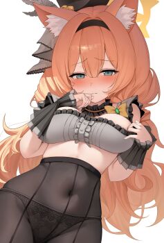 Rule 34 | 1girl, absurdres, animal ear fluff, animal ears, black headband, black panties, black pantyhose, blue archive, blue eyes, blush, bow, breasts, cat ears, cat girl, center frills, choker, closed mouth, commentary, covered groin, covered navel, crop top, frilled choker, frilled shirt, frilled wrist cuffs, frills, furrowed brow, grey shirt, hair between eyes, hair intakes, hair ornament, halo, hand on own chest, hands up, hat, headband, high-waist pantyhose, highres, koba (kobako42), long hair, looking at viewer, mari (blue archive), mari (idol) (blue archive), medium breasts, mini hat, navel, official alternate costume, orange hair, paid reward available, panties, panties under pantyhose, pantyhose, shirt, sidelocks, simple background, solo, standing, stomach, sweat, thighs, top hat, underwear, very long hair, white background, wrist cuffs, yellow bow, yellow halo