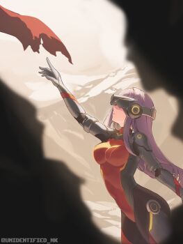1girl absurdres arm_up bodysuit breasts fine_art_parody goddess_of_victory:_nikke head-mounted_display highres jacket large_breasts long_hair official_alternate_design outstretched_arm outstretched_hand parody rapi_(mass_produced)_(nikke) rapi_(nikke) reaching red_bodysuit red_hair red_scarf scarf the_creation_of_adam unidentified_nk