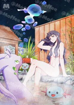 1girl bathing bubble convenient_censoring crossed_legs diantha_(pokemon) gen_2_pokemon gen_6_pokemon goodra hair_down hair_over_breasts long_hair lumiosecafe_(artist) nintendo nude onsen pokemon pokemon_x_and_y purple_hair very_long_hair water watermark wooper