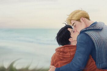 2boys ackermantihora adam's_apple black_hair blonde_hair blue_shirt closed_eyes commentary contemporary erwin_smith grass highres hood hooded_jacket jacket levi_(shingeki_no_kyojin) long_sleeves male_focus multiple_boys ocean outdoors parted_hair red_jacket shingeki_no_kyojin shirt short_hair short_sideburns sky symbol-only_commentary upper_body yaoi
