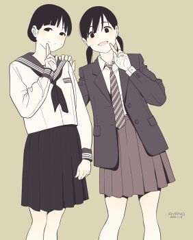 2girls ayano10621435 black_eyes black_hair blush finger_to_mouth highres jacket long_hair long_sleeves looking_at_viewer low_twintails multiple_girls necktie open_mouth original pleated_skirt school_uniform serafuku simple_background skirt smile twintails