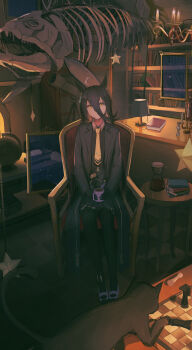 1girl absurdres ahoge animal_ears armchair black_coat black_pantyhose black_shirt black_skirt book bookshelf candle candlestand cat chair chess_piece chessboard closed_mouth coat coffee_pot collared_shirt cup desk globe hair_between_eyes highres holding holding_cup horse_ears horse_girl indoors ladder lamp long_hair long_sleeves looking_at_viewer manhattan_cafe_(umamusume) multicolored_hair necktie pantyhose seikatsu shirt sitting skeleton skirt smile solo streaked_hair table telescope umamusume yellow_eyes yellow_necktie