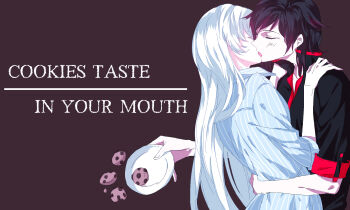 2girls alternate_costume alternate_hairstyle arm_around_waist black_hair blue_dress blue_eyes blush closed_eyes cookie dress english_text engrish_text food from_side grey_eyes hair_down highres hug kiss long_hair milk_puppy multiple_girls plate profile ranguage red_hair ruby_rose rwby short_hair shorts sleeve_cuffs sleeves_rolled_up text_focus upper_body weiss_schnee white_hair yuri