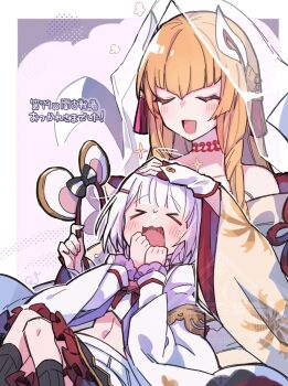 Rule 34 | > <, 2girls, animal ears, blonde hair, blush, closed eyes, dress, fake animal ears, flying sweatdrops, gb cestus, granblue fantasy, headpat, highres, indala (granblue fantasy), japanese clothes, mouse ears, multiple girls, open mouth, skirt, sparkle, strapless, strapless dress, vikala (granblue fantasy), watermark, white hair