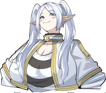 1girl :3 alternate_breast_size_(larger) blush breasts cleavage elf female_focus frieren green_eyes highres huge_breasts julioalqae long_hair looking_at_viewer pale_skin pointy_ears solo sousou_no_frieren twintails white_background white_hair