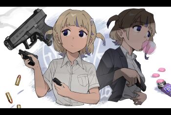 1girl alternate_costume black_jacket blazer blonde_hair blowing_bubble_gum breasts bullet chewing_gum collared_shirt commentary_request cropped_torso dress_shirt glock gun handgun highres holding holding_gun holding_weapon hololive jacket lapels medium_breasts multicolored_hair multiple_views purple_eyes purple_hair reloading shirt short_hair short_sleeves streaked_hair todoroki_hajime two_side_up upper_body virtual_youtuber weapon white_background yume_makurya