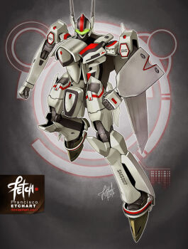 2016 clenched_hands dated deviantart_username energy_cannon franciscoetchart glowing highres macross macross_frontier mecha no_humans robot s.m.s. science_fiction shield signature variable_fighter vf-25 watermark web_address