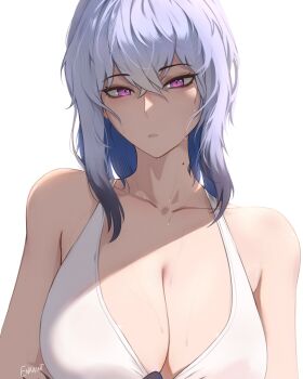 Rule 34 | 1girl, absurdres, bare shoulders, breasts, clothes pull, collarbone, colored inner hair, enxaint, galbrena (wuthering waves), grey hair, highres, large breasts, looking at viewer, medium hair, mole, mole on neck, multicolored hair, parted lips, purple eyes, solo, sports bra, sweat, toned, white sports bra, wuthering waves