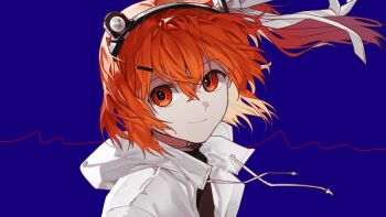 1girl 2118oo a.i._voice absurdres adachi_rei blue_background closed_mouth commentary_request drawstring floating_hair hair_ribbon headlamp highres hood hood_down hooded_jacket jacket light_smile looking_at_viewer one_side_up orange_eyes orange_hair portrait ribbon solo utau white_jacket
