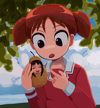 2girls :o artist_name azumanga_daioh's_school_uniform azumanga_daiou blue_sky brown_eyes collarbone cosplay epips food fruit highres holding holding_food holding_fruit in_food kasuga_ayumu long_sleeves mihama_chiyo multiple_girls open_mouth pear pearto_(cosplay) pink_shirt school_uniform shirt short_twintails sky tree twintails upper_body