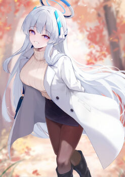1girl absurdres black_boots blue_archive blush boots breasts brown_pantyhose coat commentary_request halo highres large_breasts long_hair looking_at_viewer mechanical_halo miniskirt nezumi_(09261377) noa_(blue_archive) open_clothes open_coat pantyhose pencil_skirt purple_eyes ribbed_sweater skirt smile solo sweater white_coat white_hair