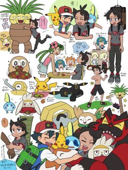 3girls 5boys alolan_exeggutor alolan_form alolan_vulpix ash_ketchum baseball_cap chair closed_eyes desk eating exeggcute exeggutor eye_contact fishing_line flexing flower food fork gen_1_pokemon gen_2_pokemon gen_4_pokemon gen_7_pokemon gen_8_pokemon gladion_(pokemon) goh_(pokemon) green_hair hair_flower hair_ornament hairclip hand_up hanging hat headpat highres holding holding_poke_ball hug incineroar kiawe_(pokemon) lana_(pokemon) lillie_(pokemon) looking_at_another lycanroc lycanroc_(dusk) mallow_(pokemon) melmetal multiple_boys multiple_girls mythical_pokemon nintendo open_mouth overalls pikachu plate poke_ball poke_ball_(basic) pokemon pokemon_(anime) pokemon_(creature) pokemon_journeys pokemon_swsh037 pyukumuku raboot rotom rotom_phone rowlet short_sleeves shuan_0420 sitting smile sobble sophocles_(pokemon) sparkle speech_bubble teeth thought_bubble tongue translation_request twintails umbreon wet white_background yamper
