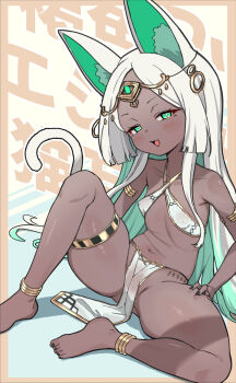 1girl :d ancient_egyptian_clothes animal_ears bare_shoulders barefoot black_nails blush breasts brown_egyptian_cat-eared_loli_(trend) cat_ears cat_girl cat_tail collarbone commentary_request covered_erect_nipples criss-cross_halter criss_cross_top dark-skinned_female dark_skin green_eyes green_hair groin halterneck hand_on_own_thigh headpiece highres knee_up loli long_hair looking_at_viewer multicolored_hair nail_polish navel open_mouth original parted_bangs sitting small_breasts smile solo tail templus text_background translation_request two-tone_hair very_long_hair white_hair