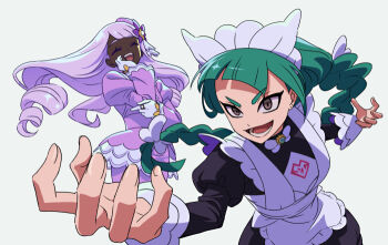 Rule 34 | 2girls, apron, black romper, blunt bangs, bow, bowtie, braid, braided ponytail, brown eyes, closed eyes, dark-skinned female, dark skin, dress, glove bow, gloves, green hair, jacinthe (pokemon), juliet sleeves, lebanne (pokemon), long braid, long hair, long sleeves, low drills, maid, maid apron, maid headdress, master and servant, mega stone, multiple girls, nintendo, open mouth, pokemon, pokemon legends: z-a, puffy sleeves, purple dress, purple hair, romper, smile, teeth, tsurime, very dark skin, white apron, white bow, white bowtie, white gloves, white headdress, yoko.u