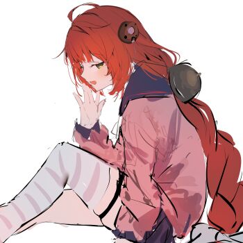 1girl absurdres ahoge braid braided_twintails cardigan feet_out_of_frame from_side green_eyes hair_ornament hair_ribbon hand_up hearing_aid highres katata knee_up long_hair looking_at_viewer open_mouth pink_cardigan red_hair ribbon simple_background single_thighhigh solo sphere_hair_ornament striped_clothes striped_thighhighs thigh_strap thighhighs ukinami_yuzuha white_background white_ribbon white_thighhighs zenless_zone_zero