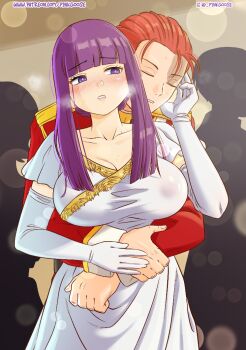 1boy 1girl artist_name blunt_bangs blunt_ends blush breasts cleavage closed_eyes coat collarbone commentary covered_erect_nipples cowboy_shot dress elbow_gloves english_commentary fern_(sousou_no_frieren) gloves gurinsensei hetero hug hug_from_behind large_breasts long_hair parted_lips patreon_username purple_eyes purple_hair red_coat red_hair short_hair sousou_no_frieren stark_(sousou_no_frieren) twitter_username twitter_x_logo white_dress white_gloves