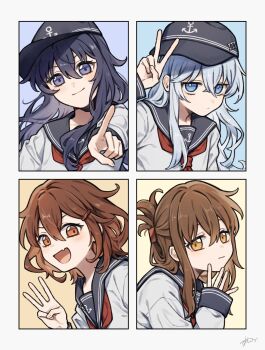akatsuki_(kancolle) anchor_symbol black_hat black_sailor_collar blue_eyes brown_eyes brown_hair fang flat_cap folded_ponytail grey_hair hat hibiki_(kancolle) highres ikazuchi_(kancolle) inazuma_(kancolle) index_finger_raised kantai_collection long_hair long_sleeves neckerchief purple_eyes red_neckerchief sailor_collar sailor_shirt school_uniform serafuku shirt short_hair skin_fang smile sumoffu upper_body v white_shirt