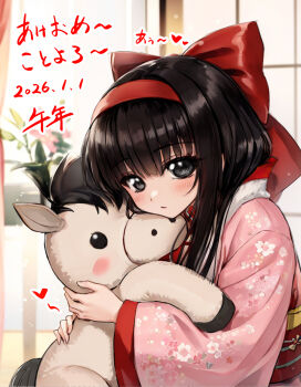 1girl alternate_costume black_eyes black_hair hair_ribbon half-closed_eyes heart highres horse hugging_doll hugging_object japanese_clothes japanese_text kimono long_hair looking_at_viewer nakoruru parted_lips ribbon samurai_spirits snk solo stuffed_toy the_king_of_fighters tongue translation_request