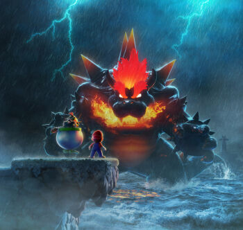 3boys 3d absurdres armlet artist_request backlighting bandana blank_eyes bowser bowser_jr. bracelet breath_weapon breathing_fire brown_footwear brown_hair claws clenched_hands cloud cloudy_sky electricity fangs fire from_behind full_body fury_bowser giant giant_monster gloves glowing glowing_eyes grass hand_up hat highres holding holding_paintbrush horns ivy jewelry kaiju lake lighthouse lightning long_sleeves looking_at_viewer male_focus mario mario_(series) monster multiple_boys nintendo ocean official_art open_mouth outdoors overalls paintbrush partially_submerged rain red_hair red_headwear red_shirt shirt shoes short_hair sky spiked_armlet spiked_bracelet spiked_shell spikes standing storm super_mario_3d_world thick_eyebrows topknot v-shaped_eyebrows wading water white_eyes white_gloves