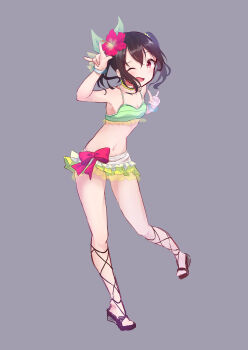 1girl ;) absurdres ankle_lace-up aqua_scrunchie artist_request bare_legs bare_shoulders barefoot barefoot_sandals_(jewelry) bikini bikini_skirt birthday black_hair blush bow bracelet breasts choker cleavage collarbone earrings feet female_focus flat_chest floating_hair flower flower_choker frilled_bikini frills full_body green_bikini grey_background hair_bobbles hair_flower hair_ornament hands_up happy_birthday harukasu_(mememememo) hibiscus hibiscus_hair_ornament highres jewelry layered_skirt long_hair looking_at_viewer love_live! love_live!_school_idol_project medium_hair natsuiro_egao_de_1_2_jump! navel necklace one_eye_closed open_mouth parted_lips pearl_necklace platform_footwear red_bow red_eyes red_flower scrunchie short_hair short_twintails simple_background skirt small_breasts smile solo star_(symbol) star_earrings stomach striped_bikini striped_clothes swimsuit tankini thighs twintails white_scrunchie white_skirt wrist_scrunchie yazawa_nico yellow_skirt