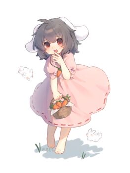 1girl :3 animal_ears artist_name barefoot basket blush brown_hair carrot carrot_necklace chinese_commentary commentary_request dress floppy_ears highres holding holding_basket inaba_tewi jewelry looking_at_viewer medium_hair necklace open_mouth pendant pink_dress puffy_short_sleeves puffy_sleeves rabbit rabbit_ears rabbit_girl rabbit_tail red_eyes ribbon-trimmed_dress ribbon_trim short_sleeves simple_background smile solo tail touhou white_background yuanyuanshao