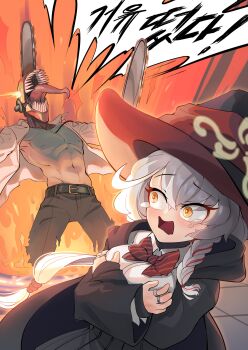1boy 1girl backlighting black_hat black_jacket black_pants black_skirt blue_archive bow bowtie braid breasts chainsaw_man collared_shirt commentary_request covering_breasts covering_privates cowboy_shot crossover denji_(chainsaw_man) diagonal-striped_bow diagonal-striped_bowtie diagonal-striped_clothes eri_(blue_archive) fire floating_hair grey_hair hair_between_eyes hair_bobbles hair_ornament halo hat highres jacket jewelry korean_commentary korean_text large_breasts long_hair long_sleeves looking_at_another mmm5162 multiple_rings muscular muscular_male open_clothes open_jacket open_mouth open_shirt pants partial_commentary pleated_skirt ponytail red_bow red_bowtie ring scared school_uniform sharp_teeth shirt shouting single_braid skirt speech_bubble striped_bow striped_bowtie striped_clothes tearing_up tears teeth tongue tongue_out translation_request very_long_hair white_shirt wide-eyed wide_sleeves witch_hat yellow_eyes yellow_halo