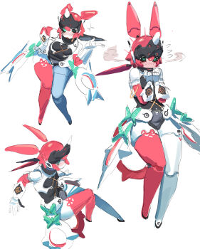 1girl @_@ absurdres blush bow from_side green_bow hand_on_own_hip highres humanoid_robot leaning_forward mechanical_arms mechanical_legs own_hands_together reallycute456 robot robot_ears robot_girl simple_background solo sparkle white_background yutane_johiel zenless_zone_zero