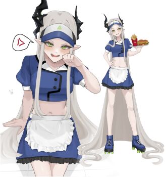 1girl absurdly_long_hair alternate_costume anger_vein apron asymmetrical_horns burger charlote_fee food french_fries goddess_of_victory:_nikke green_eyes grey_hair highres holding holding_plate horns leviathan_(nikke) long_hair midriff navel plate pointy_ears roller_skates sidelocks skates solo spoken_anger_vein very_long_hair visor_cap waist_apron waitress white_background