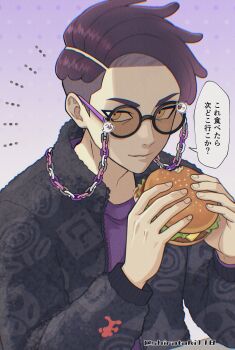 1boy absurdres black_jacket burger closed_mouth commentary_request corbeau_(pokemon) crew_neck food highres holding holding_burger holding_food jacket long_sleeves looking_to_the_side male_focus nintendo parted_hair pokemon pokemon_legends:_z-a print_jacket purple_hair purple_shirt round_eyewear shirataki118 shirt smile solo speech_bubble sunglasses translation_request twitter_username unzipped yellow_eyes