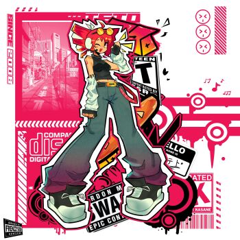 >_< 1girl absurdres ahoge arm_tattoo baggy_pants bare_shoulders belt black_belt black_collar black_gloves black_shirt black_shoes blush bow building calling collar commentary detached_sleeves english_commentary english_text eyewear_on_head fingerless_gloves frenzzy_soda frutiger_metro gloves gradient_legwear gradient_pants hair_ribbon hand_up headset heart heart_in_mouth highres kasane_teto looking_at_viewer looking_to_the_side midriff multicolored_shoes musical_note number_tattoo one_eye_closed orange-tinted_eyewear outstretched_arm pants red_eyes red_hair red_tattoo ribbon road round_eyewear shirt shoes shoulder_tattoo sleeveless sleeveless_turtleneck solo spiked_collar spikes street tattoo tinted_eyewear turtleneck turtleneck_shirt two-tone_pants two-tone_shoes utau white_bow white_ribbon white_shoes white_sleeves