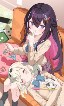 2girls absurdres animal azki_(hololive) black_hair black_socks blazer blonde_hair blue_bow blue_bowtie blush bow bowtie braid brown_jacket brown_sweater cat cat_on_person closed_eyes closed_mouth collared_shirt commentary commentary_request couch double-parted_bangs finger_to_mouth from_above grey_skirt hair_ornament half_up_braid hand_up highres hololive indoors jacket kazama_iroha lap_pillow layered_sleeves long_sleeves looking_at_viewer looking_up lying mille mimikaki mole mole_under_eye multicolored_hair multiple_girls no_shoes on_back on_couch parted_lips pet pink_hair pleated_skirt purple_eyes school_uniform shirt shushing skirt sleeping sleeping_animal sleeping_on_person smile socks streaked_hair sweater virtual_youtuber white_shirt wing_collar
