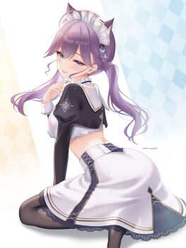 1girl ahoge akiyomi animal_ears black_pantyhose blue_eyes blush braid butterfly_hair_ornament cat_ears cropped_shirt gakuen_idolmaster hair_ornament highres idolmaster juliet_sleeves kaya_rinha kemonomimi_mode long_sleeves looking_at_viewer looking_to_the_side maid_headdress pantyhose puffy_sleeves purple_hair skirt smile solo twintails white_skirt