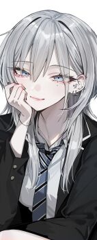 Rule 34 | 1girl, absurdres, black jacket, blue eyes, blue necktie, choppy bangs, closed mouth, commentary, diagonal-striped clothes, diagonal-striped necktie, ear piercing, grey hair, haimiya mio (kamiyama sumu), hair between eyes, head rest, highres, jacket, kamiyama sumu, long hair, long sleeves, looking at viewer, mole, mole under eye, necktie, original, piercing, shirt, simple background, smile, solo, striped clothes, symbol-only commentary, upper body, white background, white shirt