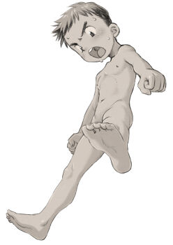 1boy from_below hada_toshiya highres limited_palette male_focus monochrome nipples nude open_mouth original short_hair shota solo standing white_background