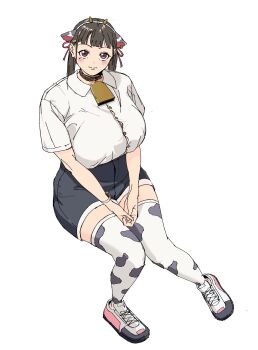 1girl animal_ear_hairband animal_ears animal_print bell black_hair blunt_bangs blush borrowed_character breasts brown_collar button_gap closed_mouth collar collared_shirt commentary_request cow_ear_hairband cow_ears cow_girl cow_horns cow_print cow_print_thighhighs cowbell denim denim_shorts dress_shirt earrings fake_animal_ears fake_horns full_body futao_miruku_(riki) grey_shorts hair_ribbon hairband highres hoop_earrings horn_hairband horns invisible_chair jewelry large_breasts long_hair looking_at_viewer mole mole_under_eye neck_bell ogawa_tomoki original own_hands_together print_thighhighs purple_eyes red_ribbon ribbon shirt shirt_tucked_in shoes short_shorts short_sleeves shorts sidelocks simple_background sitting sneakers solo thighhighs twintails white_background white_hairband white_shirt wristband