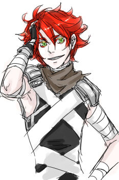 1boy armor assassin_(ragnarok_online) bandages bandages_over_clothes black_gloves black_shirt commentary_request fingerless_gloves gloves green_eyes grin hand_in_own_hair looking_at_viewer male_focus pauldrons ragnarok_online red_hair shirt short_hair shoulder_armor simple_background sleeveless sleeveless_shirt smile solo toriria upper_body white_background