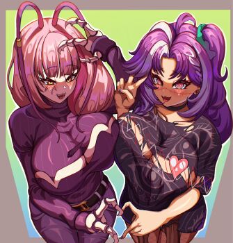 2girls ahoge antennae arthropod_girl asymmetrical_docking black_choker black_shirt braid braided_bangs breast_press breasts choker cleavage cleavage_cutout clothing_cutout cockroach_girl cowboy_shot eye_print fang four-finger_heart_hands from_above goth_fashion heart heart_hands heart_hands_duo heart_ornament highres huge_breasts long_hair looking_at_viewer matara_kan michi_mochievee michi_mochievee_(1st_costume) multicolored_hair multiple_girls open_mouth pantyhose pink_hair purple_hair purple_sweater shirt simple_background skin_fang smile stitched_face stitches streaked_hair sweater taut_clothes torn_clothes torn_shirt tot_slayer v virtual_youtuber vshojo white_hair yellow_eyes