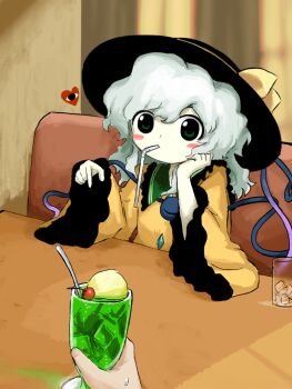 1boy 1girl black_hat commentary_request contrast_collar drinking_straw green_eyes green_hair hair_between_eyes hat hat_ribbon head_rest heripantomorrow komeiji_koishi long_sleeves looking_at_viewer pov ribbon shirt sitting sweatdrop table third_eye touhou wide_sleeves yellow_ribbon yellow_shirt zun_(style)