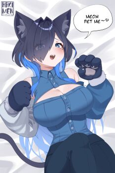 1girl absurdres animal_ears animal_hands asymmetrical_sleeves bed_sheet black_hair black_pants blue_eyes blue_hair blue_shirt blue_sleeves breasts cat_ears cat_paws cat_tail cleavage cleavage_cutout clothing_cutout collared_shirt colored_inner_hair colored_tips commentary detached_sleeves extra_ears eyes_visible_through_hair hair_intakes hair_over_one_eye hakimen halter_shirt halterneck highres hololive hololive_english large_breasts long_hair looking_at_viewer lying mismatched_sleeves multicolored_hair official_alternate_costume on_back open_mouth ouro_kronii ouro_kronii_(4th_costume) pants shirt shirt_tucked_in sleeveless sleeveless_shirt solo speech_bubble tail two-tone_hair virtual_youtuber white_sleeves wolf_cut